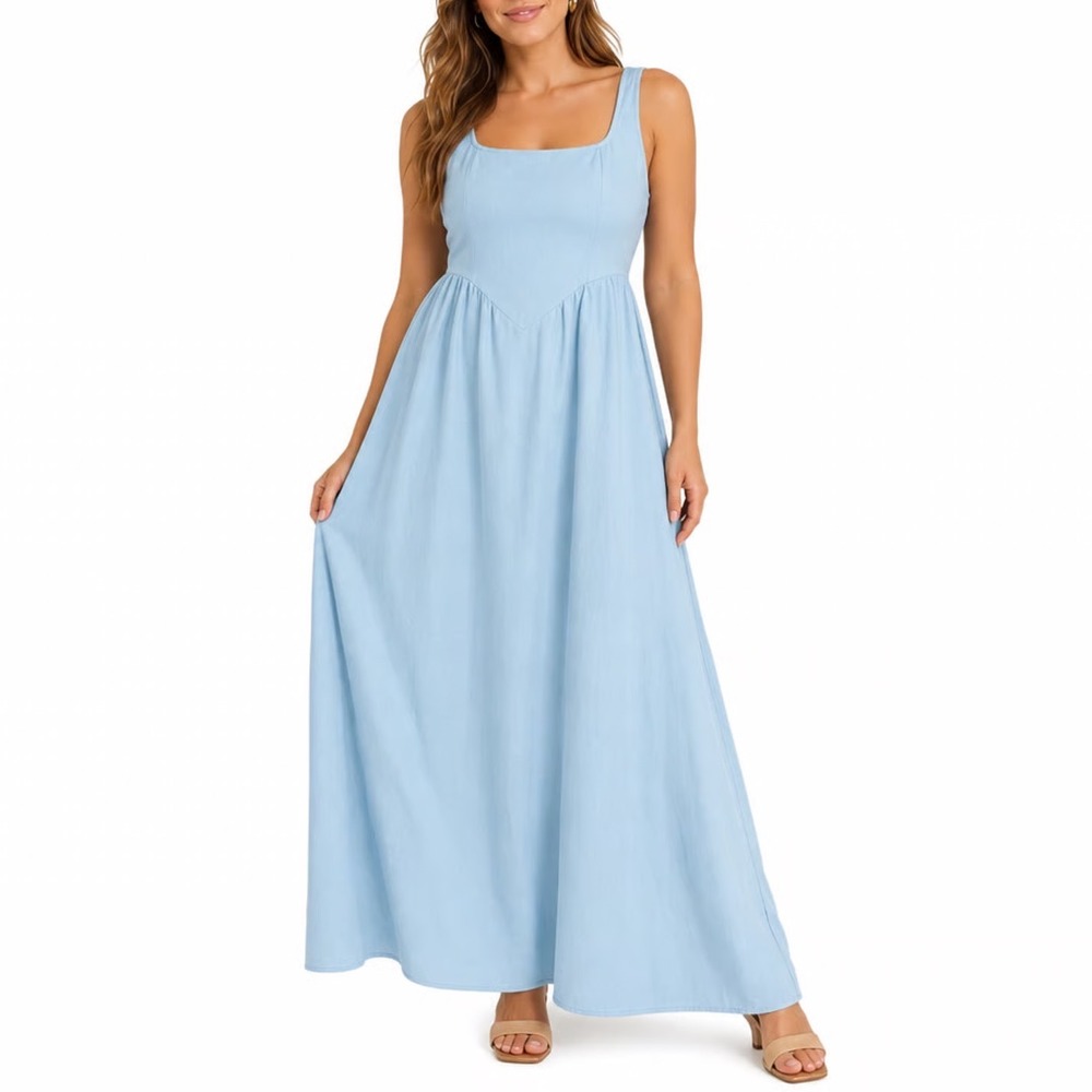 Pink Diamond Rhaziya Midi Dress Blue Square Neck Smocked Back Sleeveless Size 14